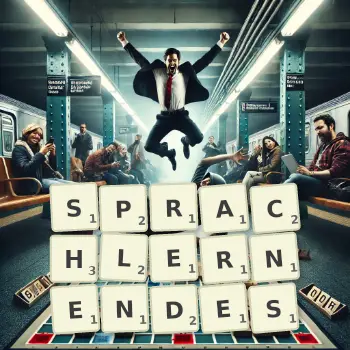 Kreative Illustration für ein Scrabble-Spiel, bei dem das Wort SPRACHLERNENDES mit Steinen auf dem Brett gelegt wurde.