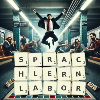 Kreative Illustration für ein Scrabble-Spiel, bei dem das Wort SPRACHLERNLABOR mit Steinen auf dem Brett gelegt wurde.