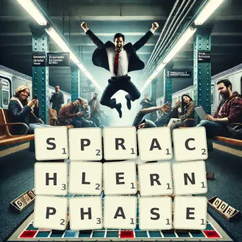 Kreative Illustration für ein Scrabble-Spiel, bei dem das Wort SPRACHLERNPHASE mit Steinen auf dem Brett gelegt wurde.