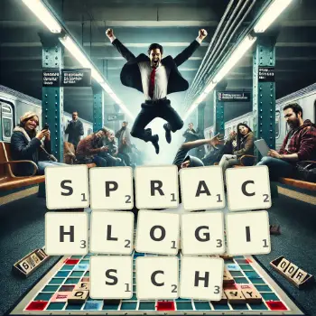 Kreative Illustration für ein Scrabble-Spiel, bei dem das Wort SPRACHLOGISCH mit Steinen auf dem Brett gelegt wurde.