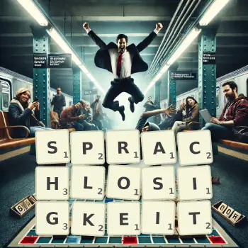 Kreative Illustration für ein Scrabble-Spiel, bei dem das Wort SPRACHLOSIGKEIT mit Steinen auf dem Brett gelegt wurde.