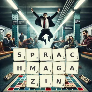 Kreative Illustration für ein Scrabble-Spiel, bei dem das Wort SPRACHMAGAZIN mit Steinen auf dem Brett gelegt wurde.