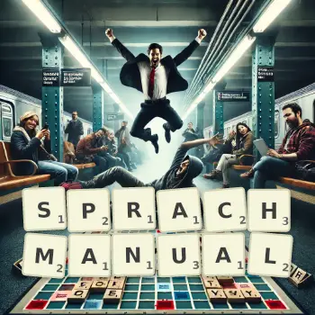 Kreative Illustration für ein Scrabble-Spiel, bei dem das Wort SPRACHMANUAL mit Steinen auf dem Brett gelegt wurde.