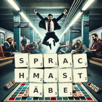 Kreative Illustration für ein Scrabble-Spiel, bei dem das Wort SPRACHMASTÄBE mit Steinen auf dem Brett gelegt wurde.