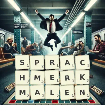 Kreative Illustration für ein Scrabble-Spiel, bei dem das Wort SPRACHMERKMALEN mit Steinen auf dem Brett gelegt wurde.