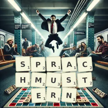 Kreative Illustration für ein Scrabble-Spiel, bei dem das Wort SPRACHMUSTERN mit Steinen auf dem Brett gelegt wurde.
