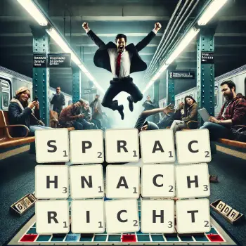 Kreative Illustration für ein Scrabble-Spiel, bei dem das Wort SPRACHNACHRICHT mit Steinen auf dem Brett gelegt wurde.