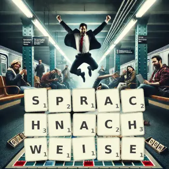 Kreative Illustration für ein Scrabble-Spiel, bei dem das Wort SPRACHNACHWEISE mit Steinen auf dem Brett gelegt wurde.