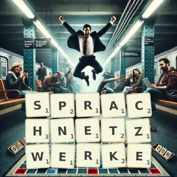 Kreative Illustration für ein Scrabble-Spiel, bei dem das Wort SPRACHNETZWERKE mit Steinen auf dem Brett gelegt wurde.