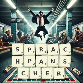 Kreative Illustration für ein Scrabble-Spiel, bei dem das Wort SPRACHPANSCHER mit Steinen auf dem Brett gelegt wurde.