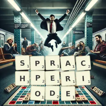 Kreative Illustration für ein Scrabble-Spiel, bei dem das Wort SPRACHPERIODE mit Steinen auf dem Brett gelegt wurde.