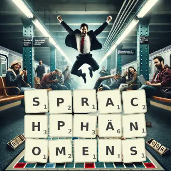 Kreative Illustration für ein Scrabble-Spiel, bei dem das Wort SPRACHPHÄNOMENS mit Steinen auf dem Brett gelegt wurde.