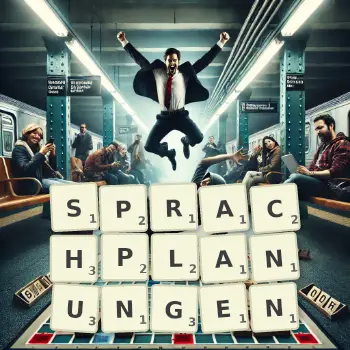 Kreative Illustration für ein Scrabble-Spiel, bei dem das Wort SPRACHPLANUNGEN mit Steinen auf dem Brett gelegt wurde.