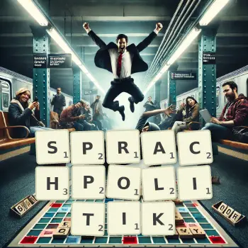 Kreative Illustration für ein Scrabble-Spiel, bei dem das Wort SPRACHPOLITIK mit Steinen auf dem Brett gelegt wurde.