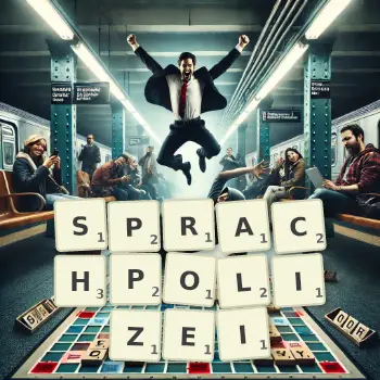 Kreative Illustration für ein Scrabble-Spiel, bei dem das Wort SPRACHPOLIZEI mit Steinen auf dem Brett gelegt wurde.