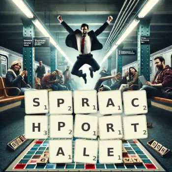 Kreative Illustration für ein Scrabble-Spiel, bei dem das Wort SPRACHPORTALE mit Steinen auf dem Brett gelegt wurde.