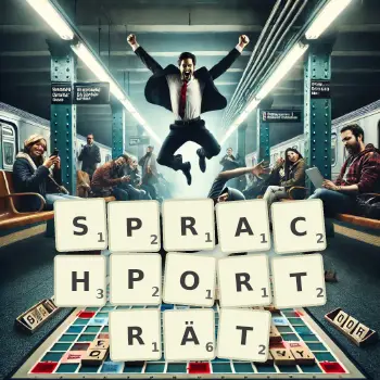 Kreative Illustration für ein Scrabble-Spiel, bei dem das Wort SPRACHPORTRÄT mit Steinen auf dem Brett gelegt wurde.