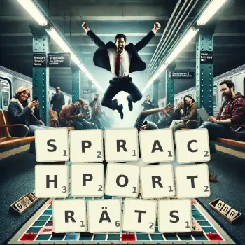 Kreative Illustration für ein Scrabble-Spiel, bei dem das Wort SPRACHPORTRÄTS mit Steinen auf dem Brett gelegt wurde.