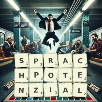 Kreative Illustration für ein Scrabble-Spiel, bei dem das Wort SPRACHPOTENZIAL mit Steinen auf dem Brett gelegt wurde.
