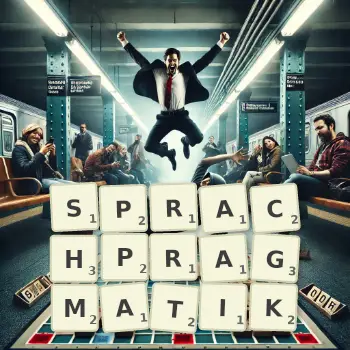 Kreative Illustration für ein Scrabble-Spiel, bei dem das Wort SPRACHPRAGMATIK mit Steinen auf dem Brett gelegt wurde.