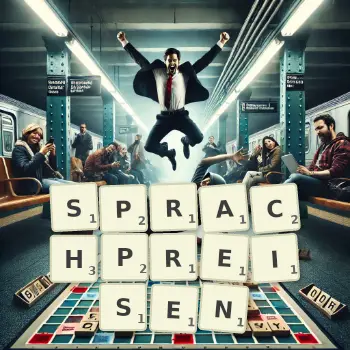 Kreative Illustration für ein Scrabble-Spiel, bei dem das Wort SPRACHPREISEN mit Steinen auf dem Brett gelegt wurde.