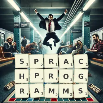 Kreative Illustration für ein Scrabble-Spiel, bei dem das Wort SPRACHPROGRAMMS mit Steinen auf dem Brett gelegt wurde.