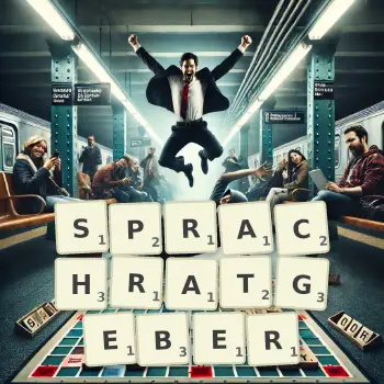 Kreative Illustration für ein Scrabble-Spiel, bei dem das Wort SPRACHRATGEBER mit Steinen auf dem Brett gelegt wurde.