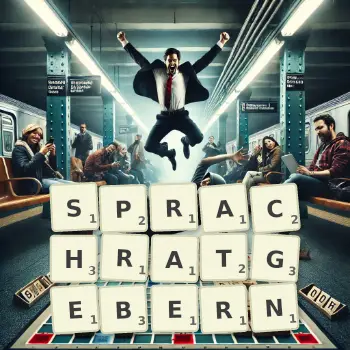 Kreative Illustration für ein Scrabble-Spiel, bei dem das Wort SPRACHRATGEBERN mit Steinen auf dem Brett gelegt wurde.