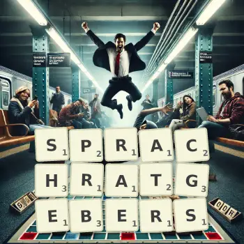 Kreative Illustration für ein Scrabble-Spiel, bei dem das Wort SPRACHRATGEBERS mit Steinen auf dem Brett gelegt wurde.