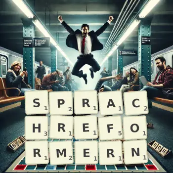 Kreative Illustration für ein Scrabble-Spiel, bei dem das Wort SPRACHREFORMERN mit Steinen auf dem Brett gelegt wurde.