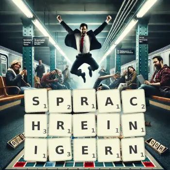 Kreative Illustration für ein Scrabble-Spiel, bei dem das Wort SPRACHREINIGERN mit Steinen auf dem Brett gelegt wurde.