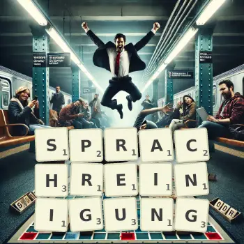 Kreative Illustration für ein Scrabble-Spiel, bei dem das Wort SPRACHREINIGUNG mit Steinen auf dem Brett gelegt wurde.