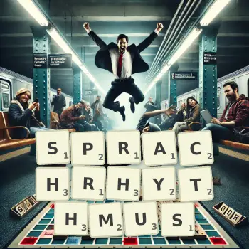 Kreative Illustration für ein Scrabble-Spiel, bei dem das Wort SPRACHRHYTHMUS mit Steinen auf dem Brett gelegt wurde.