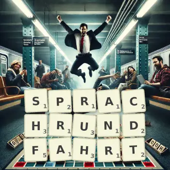 Kreative Illustration für ein Scrabble-Spiel, bei dem das Wort SPRACHRUNDFAHRT mit Steinen auf dem Brett gelegt wurde.