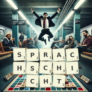 Kreative Illustration für ein Scrabble-Spiel, bei dem das Wort SPRACHSCHICHT mit Steinen auf dem Brett gelegt wurde.