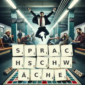 Kreative Illustration für ein Scrabble-Spiel, bei dem das Wort SPRACHSCHWÄCHE mit Steinen auf dem Brett gelegt wurde.