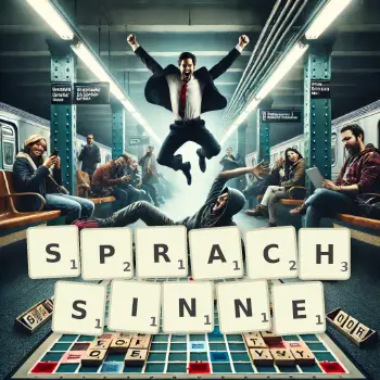 Kreative Illustration für ein Scrabble-Spiel, bei dem das Wort SPRACHSINNE mit Steinen auf dem Brett gelegt wurde.