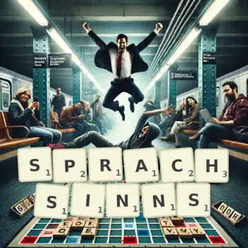 Kreative Illustration für ein Scrabble-Spiel, bei dem das Wort SPRACHSINNS mit Steinen auf dem Brett gelegt wurde.