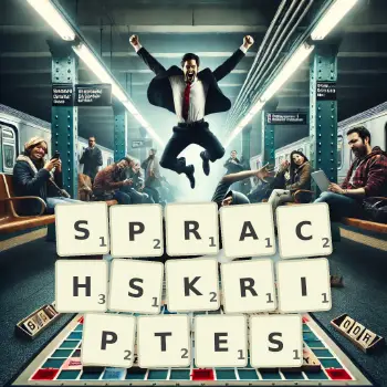 Kreative Illustration für ein Scrabble-Spiel, bei dem das Wort SPRACHSKRIPTES mit Steinen auf dem Brett gelegt wurde.