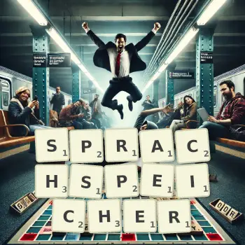 Kreative Illustration für ein Scrabble-Spiel, bei dem das Wort SPRACHSPEICHER mit Steinen auf dem Brett gelegt wurde.