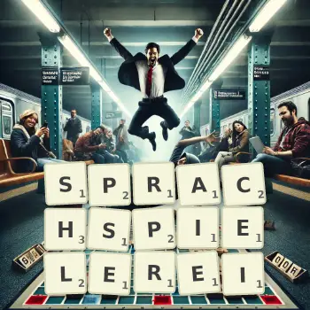 Kreative Illustration für ein Scrabble-Spiel, bei dem das Wort SPRACHSPIELEREI mit Steinen auf dem Brett gelegt wurde.
