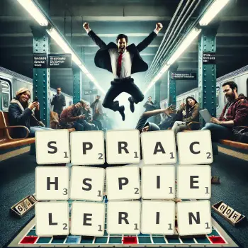 Kreative Illustration für ein Scrabble-Spiel, bei dem das Wort SPRACHSPIELERIN mit Steinen auf dem Brett gelegt wurde.