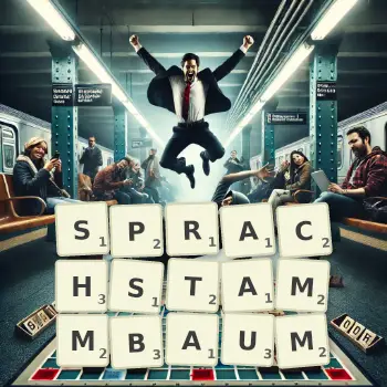 Kreative Illustration für ein Scrabble-Spiel, bei dem das Wort SPRACHSTAMMBAUM mit Steinen auf dem Brett gelegt wurde.