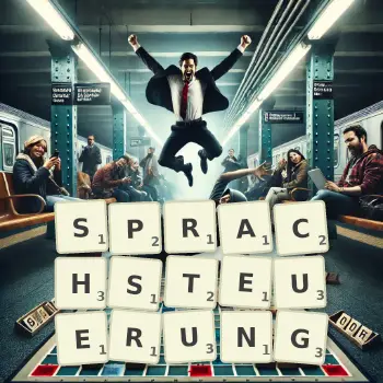 Kreative Illustration für ein Scrabble-Spiel, bei dem das Wort SPRACHSTEUERUNG mit Steinen auf dem Brett gelegt wurde.