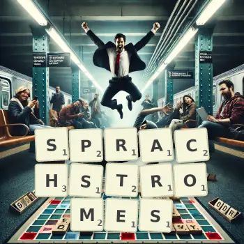 Kreative Illustration für ein Scrabble-Spiel, bei dem das Wort SPRACHSTROMES mit Steinen auf dem Brett gelegt wurde.