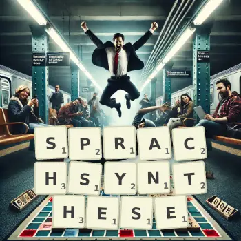 Kreative Illustration für ein Scrabble-Spiel, bei dem das Wort SPRACHSYNTHESE mit Steinen auf dem Brett gelegt wurde.