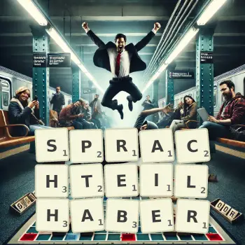 Kreative Illustration für ein Scrabble-Spiel, bei dem das Wort SPRACHTEILHABER mit Steinen auf dem Brett gelegt wurde.