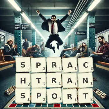 Kreative Illustration für ein Scrabble-Spiel, bei dem das Wort SPRACHTRANSPORT mit Steinen auf dem Brett gelegt wurde.