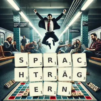 Kreative Illustration für ein Scrabble-Spiel, bei dem das Wort SPRACHTRÄGERN mit Steinen auf dem Brett gelegt wurde.
