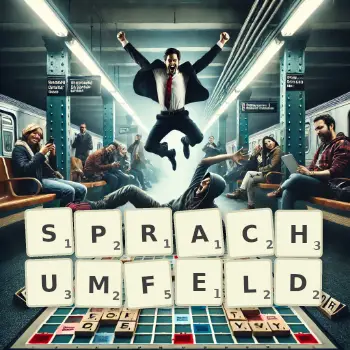 Kreative Illustration für ein Scrabble-Spiel, bei dem das Wort SPRACHUMFELD mit Steinen auf dem Brett gelegt wurde.